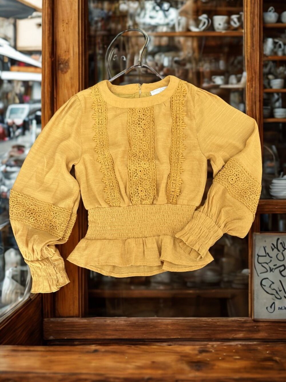 Chelsea & Violet Mustard Yellow Lace-Trim Smocked Waist Blouse